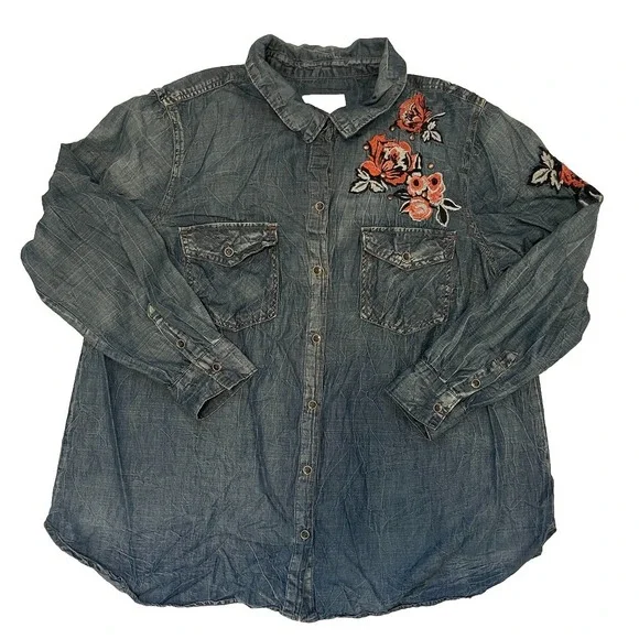 Jessica Simpson Womens Sz 1X Blue Denim Twill Embroidered Studded Western Boho - Picture 1 of 8